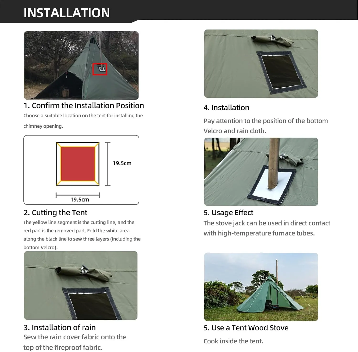 Stove Jack Kit for Tent, Stove Jack with Rain Flap, 2.7"/3.9" /DIY Fire Resistant Hole, High Temperature Resistance for Canvas Tent, Bell Tent Camping