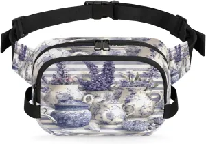 Striped Pot Flowers Waterproof Fanny Pack for Women Men Adjustable Waist Bag with Double Zipper Pockets Lightweight Square Hip Pack for Running Travel Hiking Workout Cycling