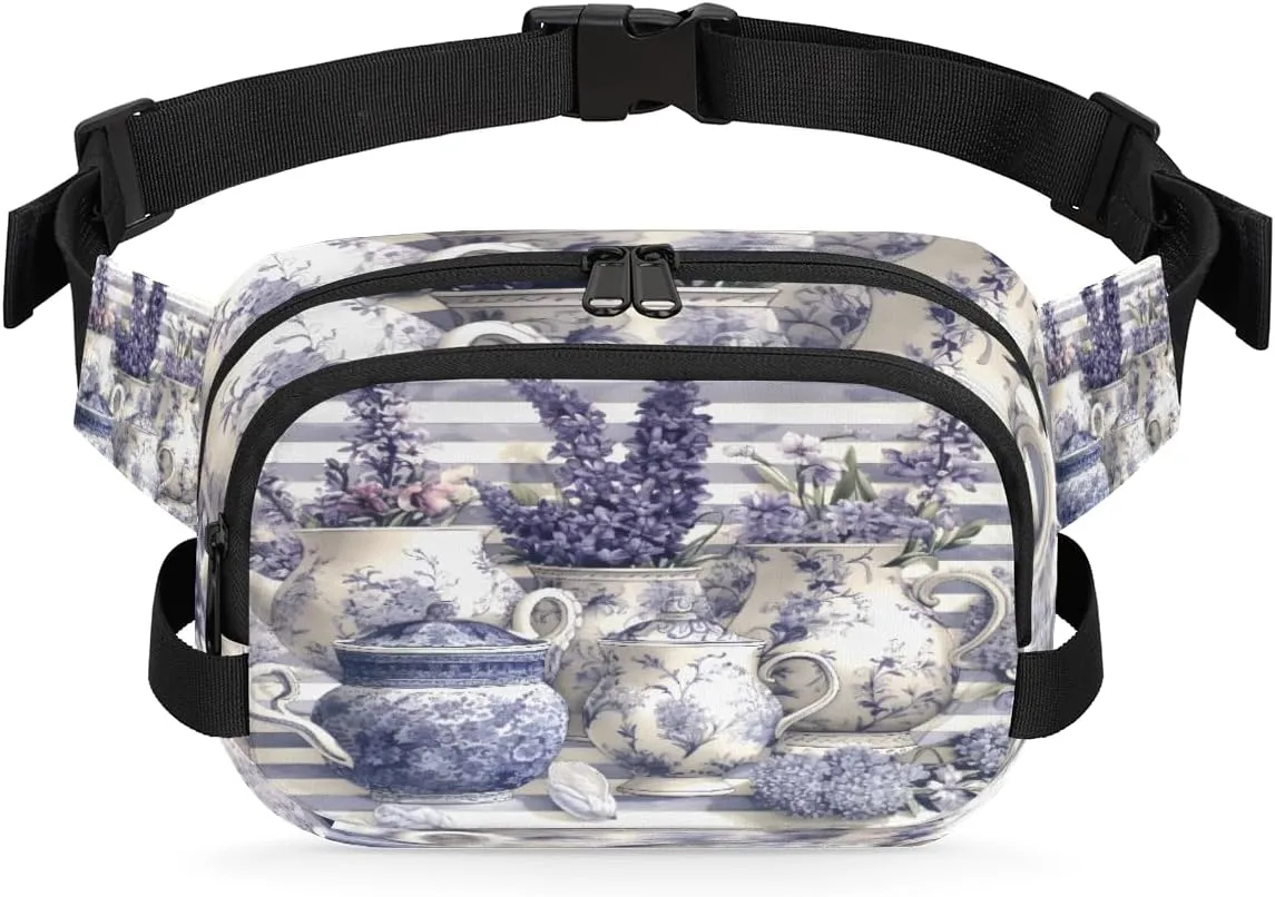 Striped Pot Flowers Waterproof Fanny Pack for Women Men Adjustable Waist Bag with Double Zipper Pockets Lightweight Square Hip Pack for Running Travel Hiking Workout Cycling