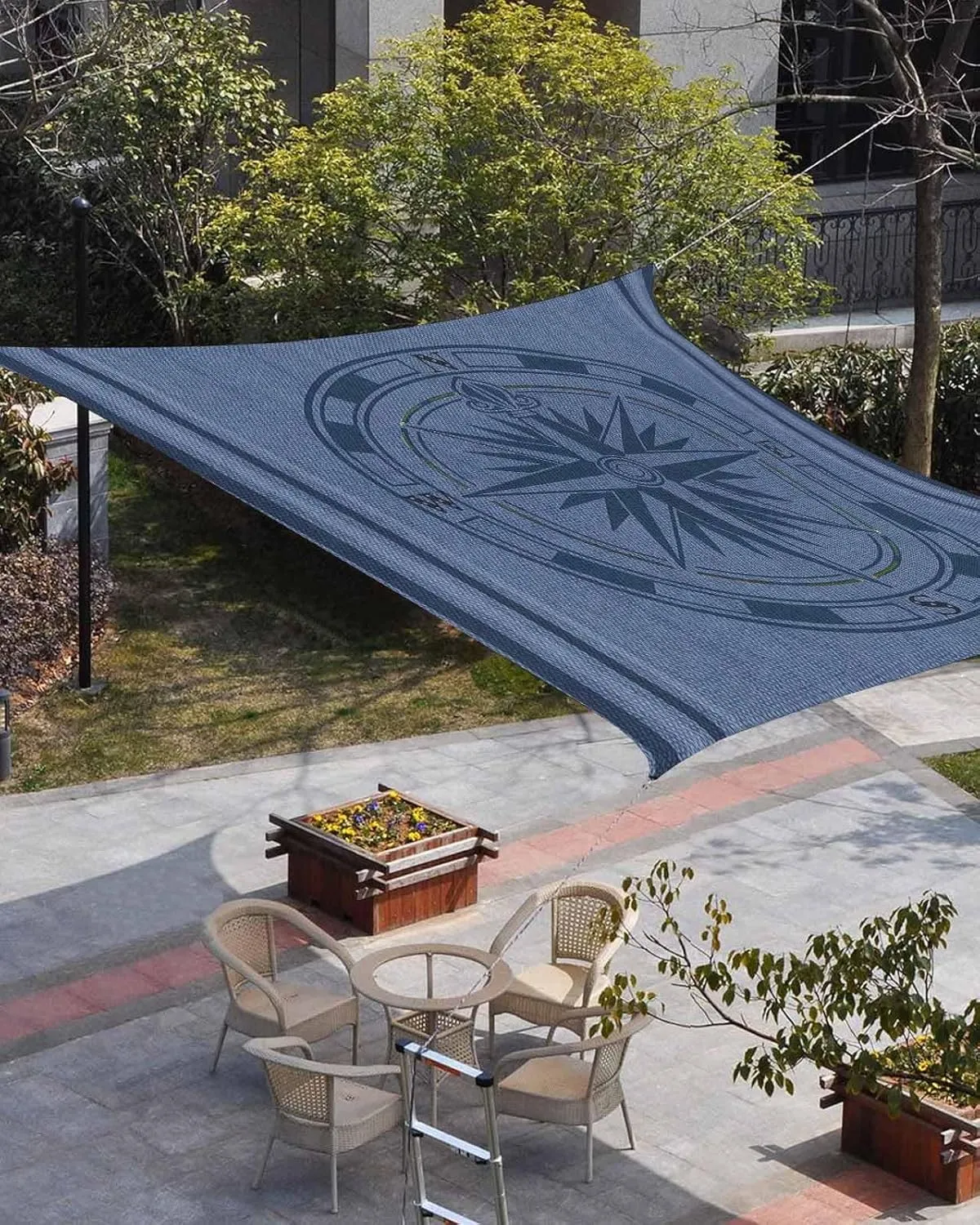 Sun Shade Sail, Nautical Theme Vintage Blue Compass Outdoor Waterproof Canopy Patio Cover with Rope, Rectangle UV Block Shade Sails for Garden Yard Deck Pergola Sand, 6.5x10 Feet