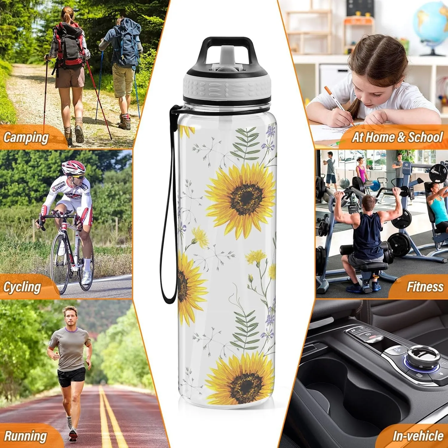 Sunflower Floral White Water Bottle with Straw Lid 32oz Leakproof Clear Gym Water Bottles for Women Men Outdoor Sport Drinking