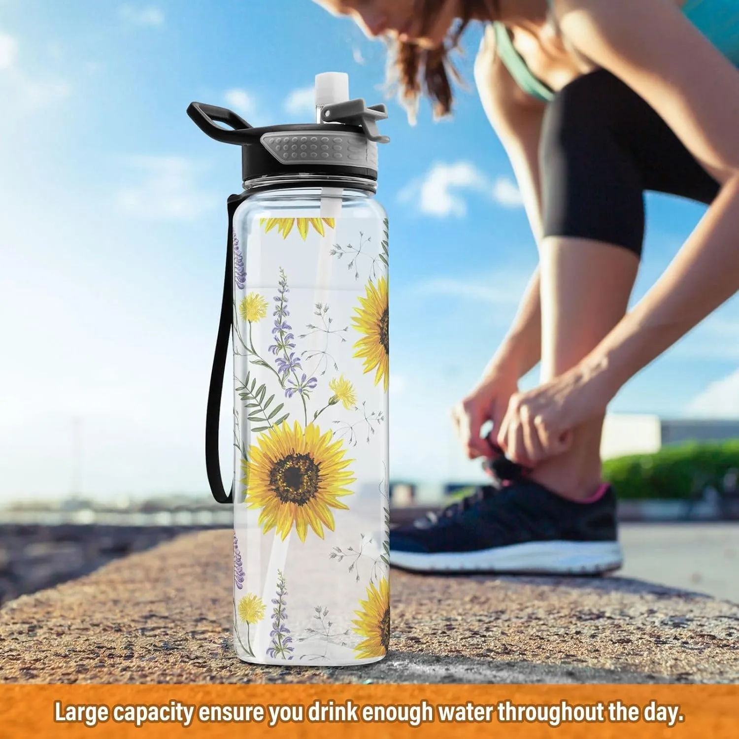 Sunflower Floral White Water Bottle with Straw Lid 32oz Leakproof Clear Gym Water Bottles for Women Men Outdoor Sport Drinking