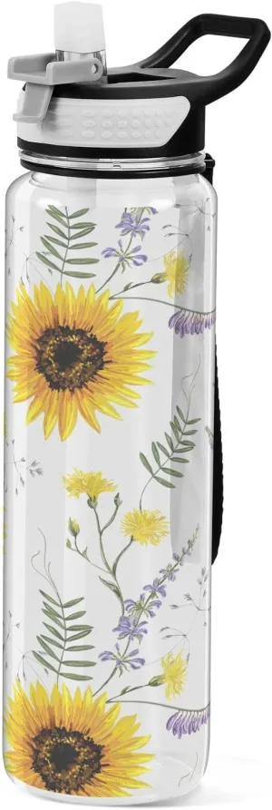 Sunflower Floral White Water Bottle with Straw Lid 32oz Leakproof Clear Gym Water Bottles for Women Men Outdoor Sport Drinking