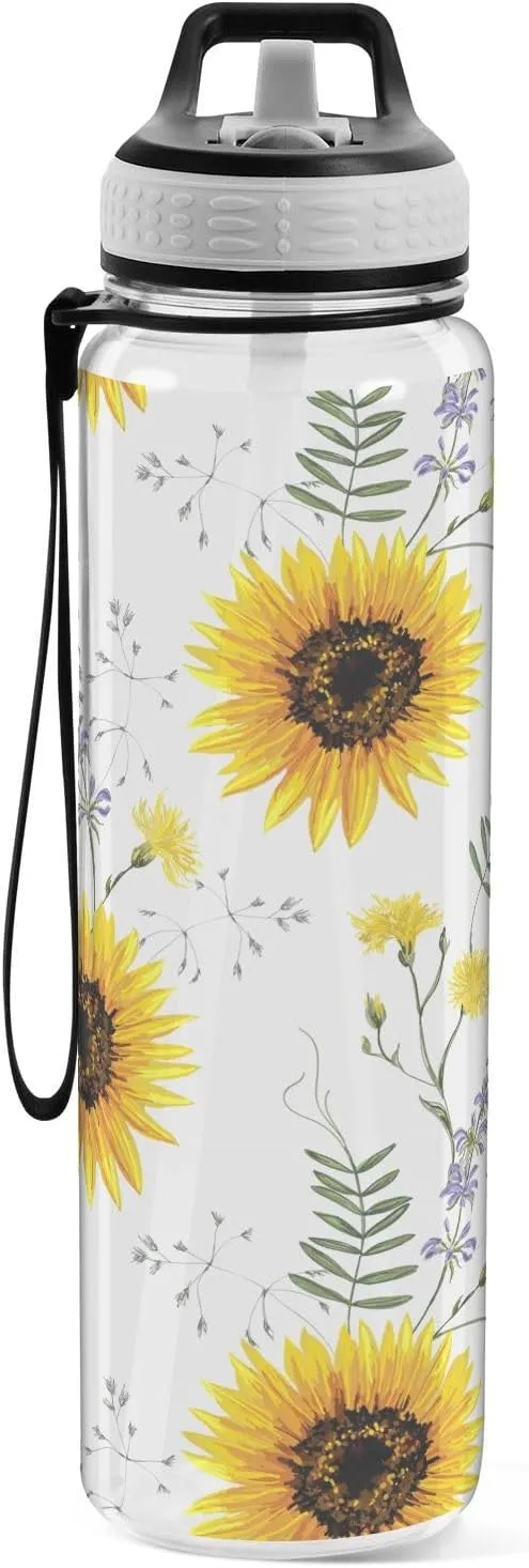 Sunflower Floral White Water Bottle with Straw Lid 32oz Leakproof Clear Gym Water Bottles for Women Men Outdoor Sport Drinking
