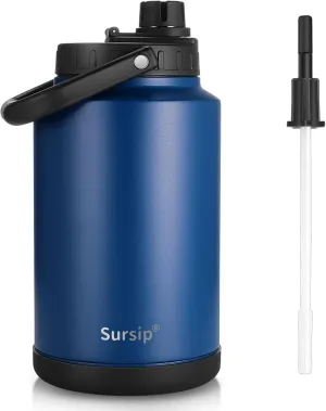 Sursip One Gallon Insulated Water Jug wtih Straw,128 Oz Water Bottle,18/8 Food-grade,Keep Drinking Hot and Cold,Sweat Proof,Great for Travel/Hiking/Camping/Sports/Gaming/Gift(Navy Blue)