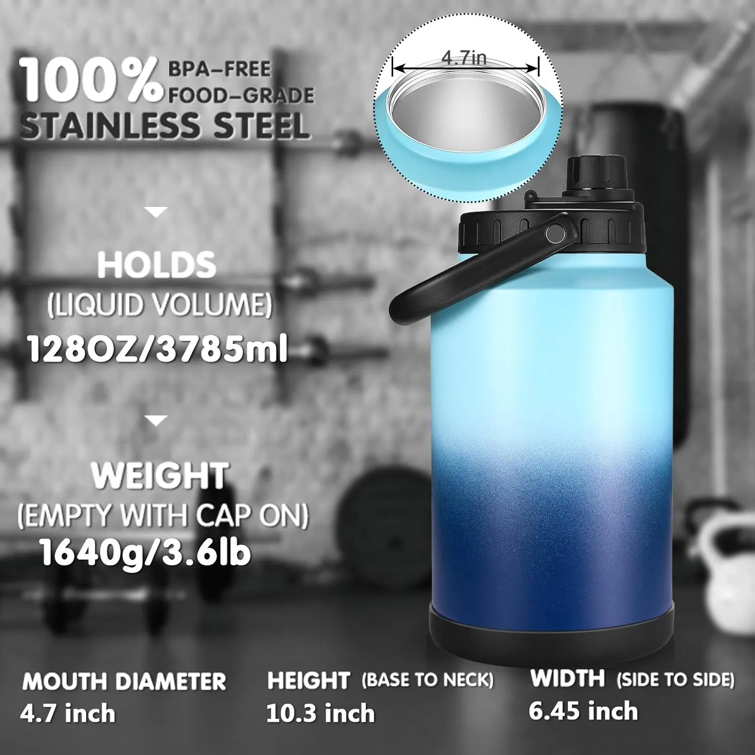 Sursip One Gallon Insulated Water Jug wtih Straw,128 Oz Water Bottle,18/8 Food-grade,Keep Drinking Hot and Cold,Sweat Proof,Great for Travel/Hiking/Camping/Sports/Gaming/Gift(Navy Blue)