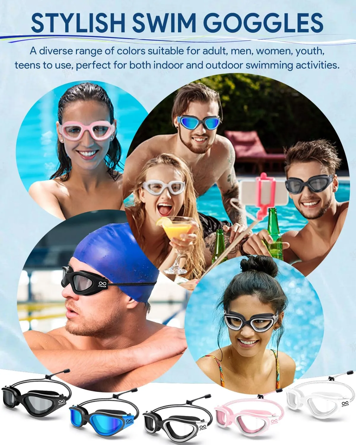 Swim Goggles, Polarized Adult Swimming Goggles Bungee Strap No Hair Pulling Anti-fog Pool Goggles for Men Women