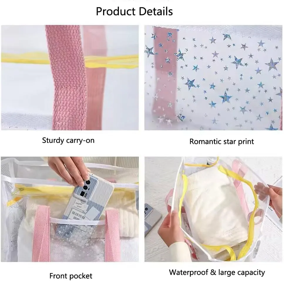 SxoSyo Clear Makeup Bags Large Cosmetic Bags with Side Pockets Multifunction Travel Toiletry Bag for Women Transparent Beach Bag PVC Zipper Closure Swimming Handbag (color pink)
