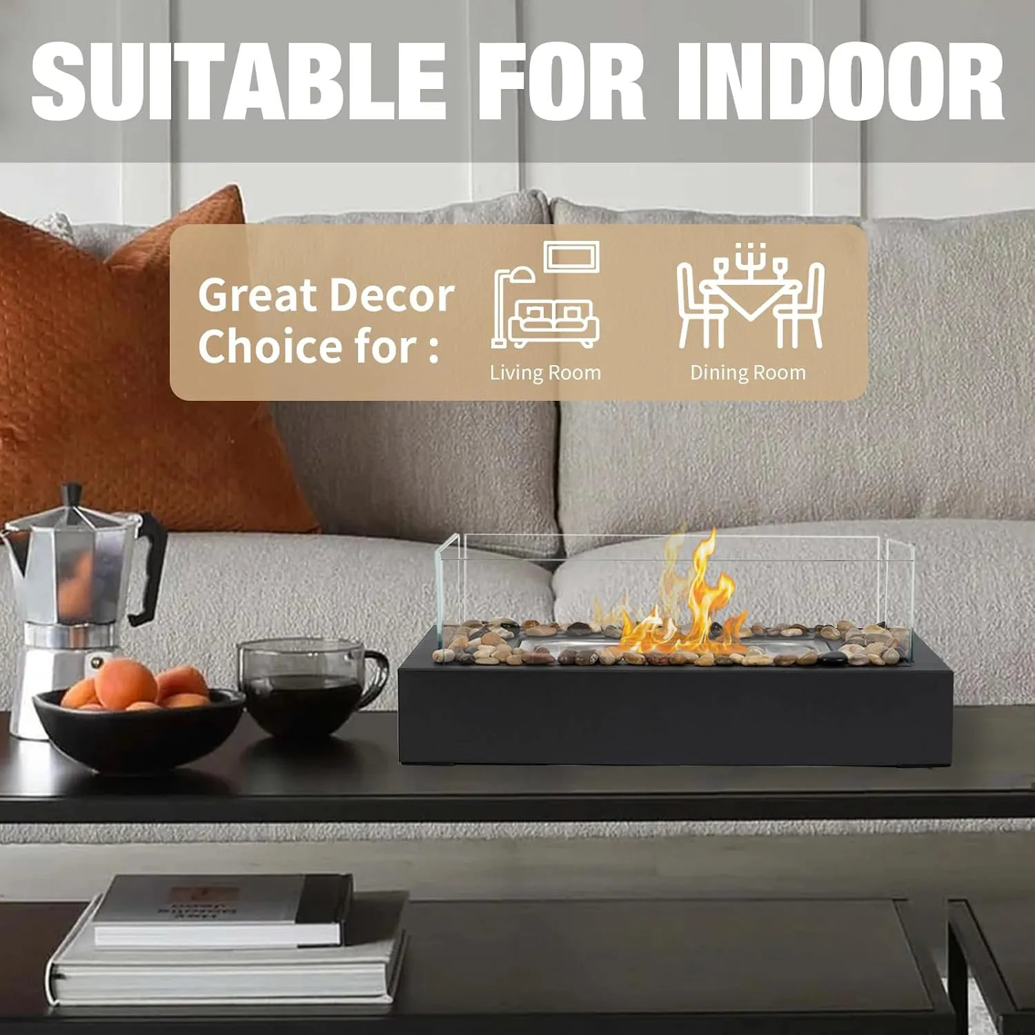 Tabletop Fire Pit Indoor Outdoor - Safer Stainless Steel Small Table Fireplace with Cobblestone for Dinner Parties, Smores Maker - Indoor/Outdoor Portable Mini Table Top Firepit - Housewarming Gift