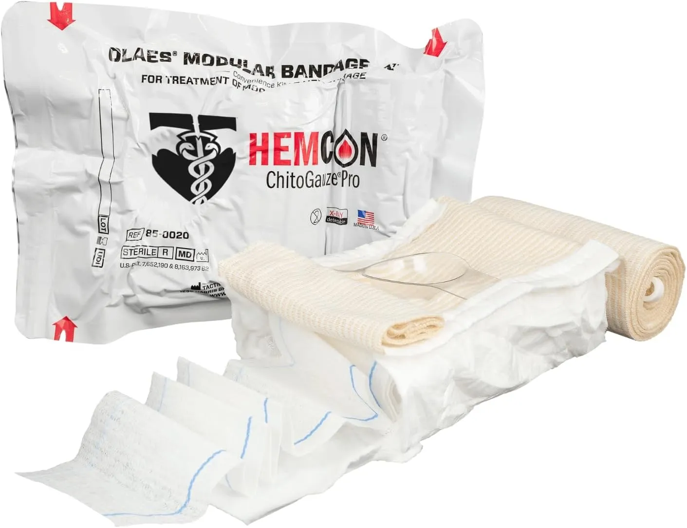 TacMed Solutions 4” Flat OLAES Hemostatic Trauma Bandage with HemCon ChitoGauze PRO, 4" W x 7" L x 2.5" D Hemostatic Compression Bandage - Latex-Free Emergency Wound Dressing