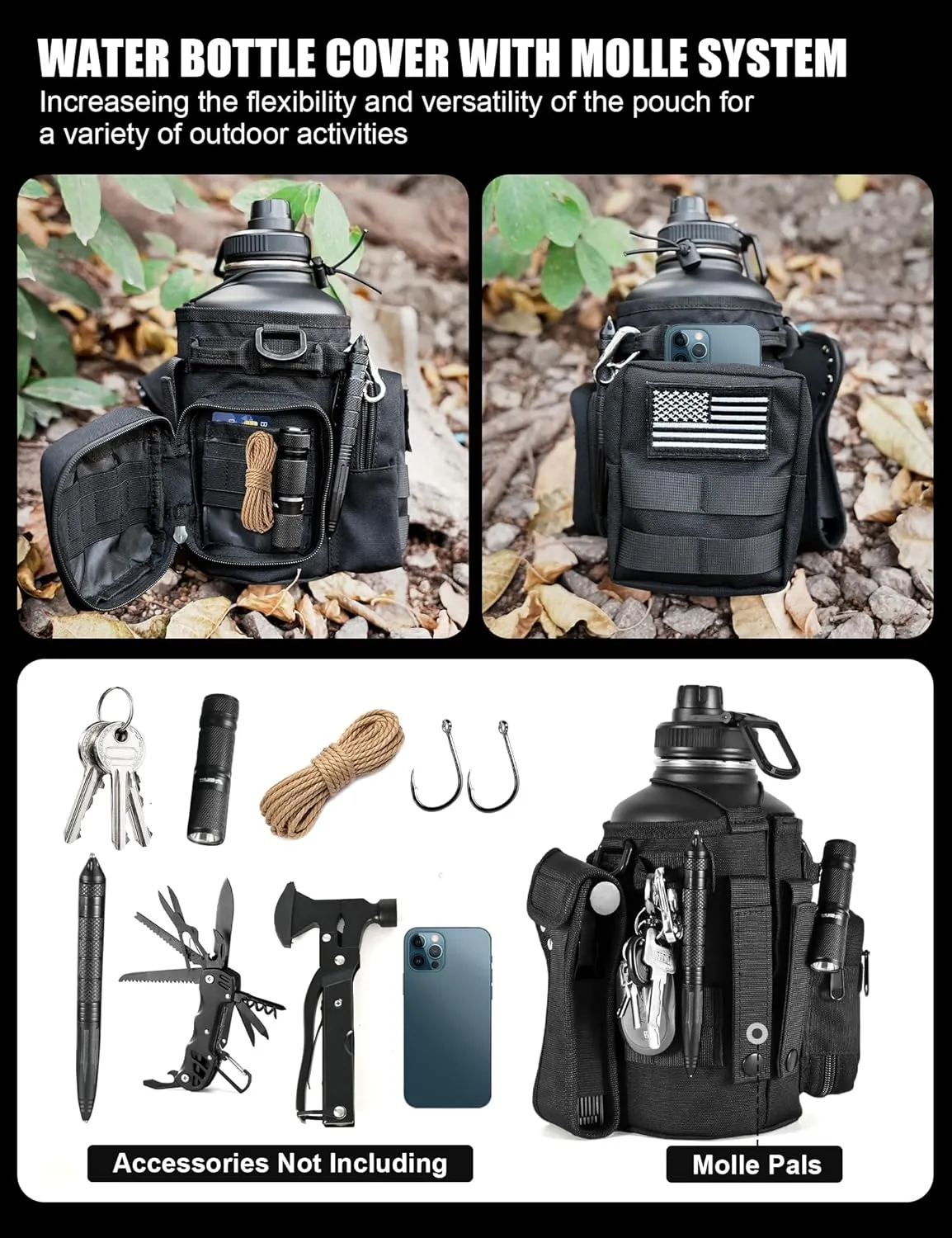 Tactical Half Gallon Water Bottle with Straw, 64 oz Insulated Water Jug with Molle Sleeve, Stainless Steel Sport Battle Bottle with 3 BPA Free Lids for Gym Workout Hiking (Black)
