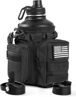 Tactical Half Gallon Water Bottle with Straw, 64 oz Insulated Water Jug with Molle Sleeve, Stainless Steel Sport Battle Bottle with 3 BPA Free Lids for Gym Workout Hiking (Black)