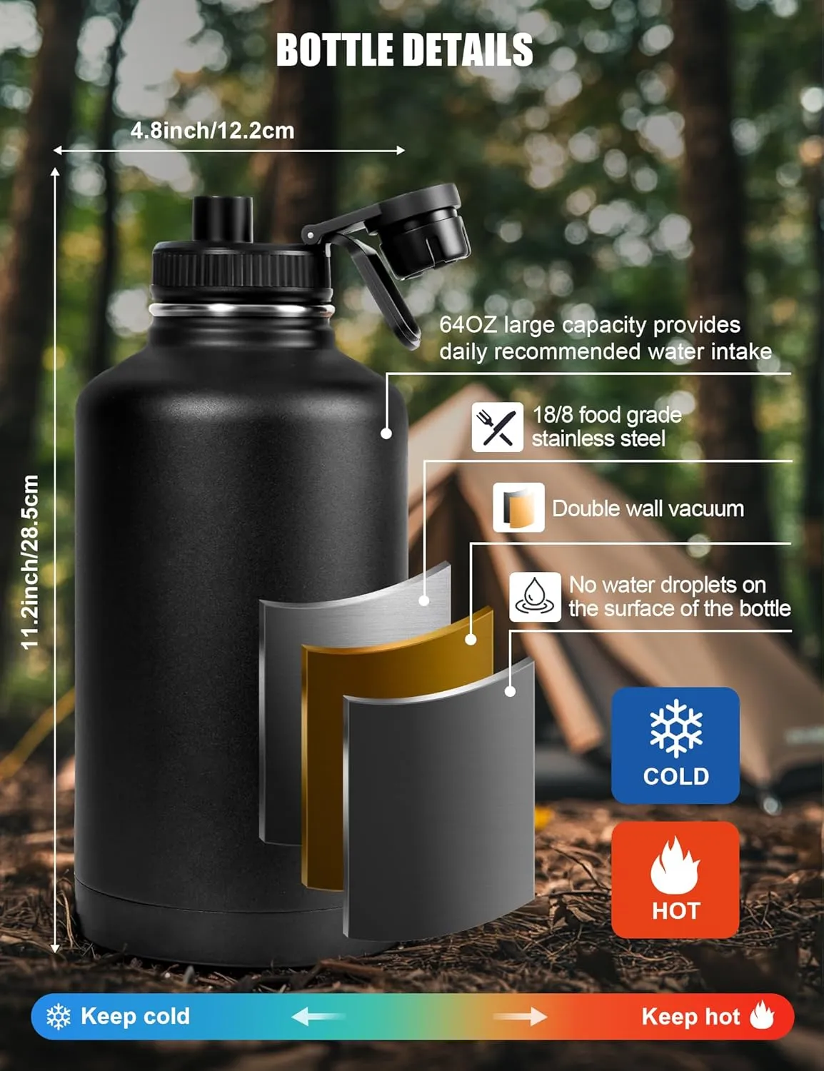 Tactical Half Gallon Water Bottle with Straw, 64 oz Insulated Water Jug with Molle Sleeve, Stainless Steel Sport Battle Bottle with 3 BPA Free Lids for Gym Workout Hiking (Black)