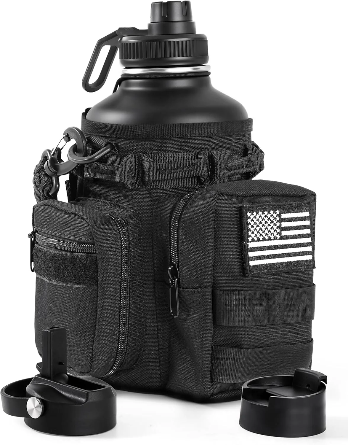 Tactical Half Gallon Water Bottle with Straw, 64 oz Insulated Water Jug with Molle Sleeve, Stainless Steel Sport Battle Bottle with 3 BPA Free Lids for Gym Workout Hiking (Black)