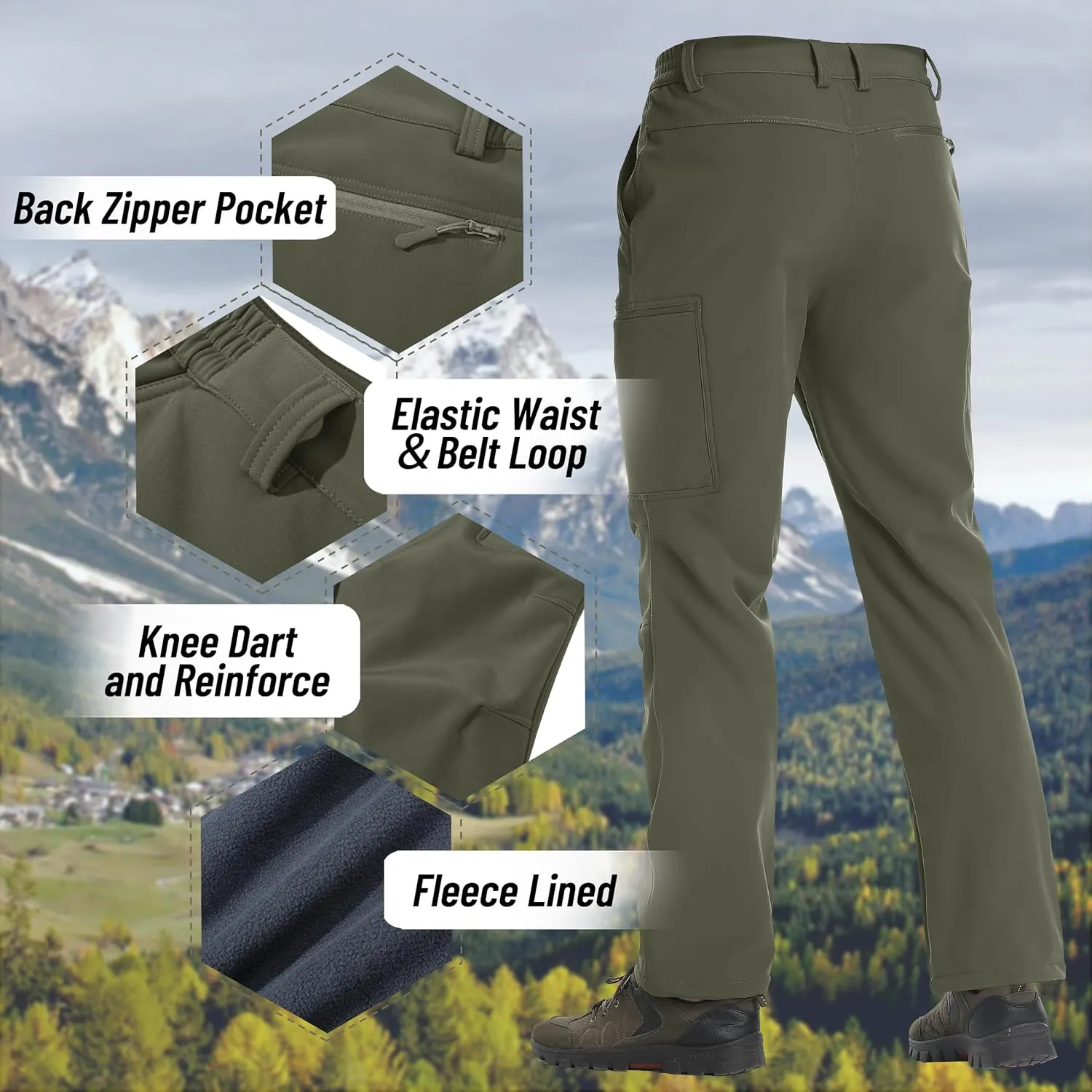 TACVASEN Men's Hiking Pants Fleece Lined Cargo Work Pants with 5 Pockets for Fishing Camping Travel