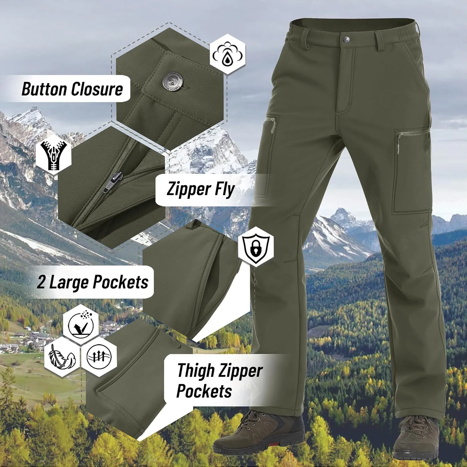 TACVASEN Men's Hiking Pants Fleece Lined Cargo Work Pants with 5 Pockets for Fishing Camping Travel