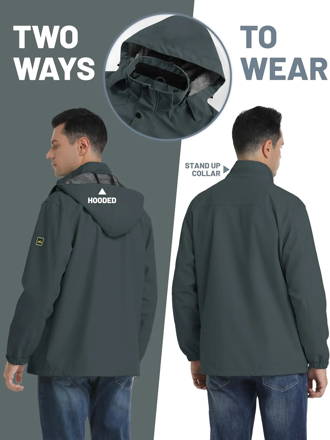 TACVASEN Men's Rain Jacket Lightweight Windbreaker with Hooded Water Resistant Outdoor Raincoat for Hiking Travel Camping