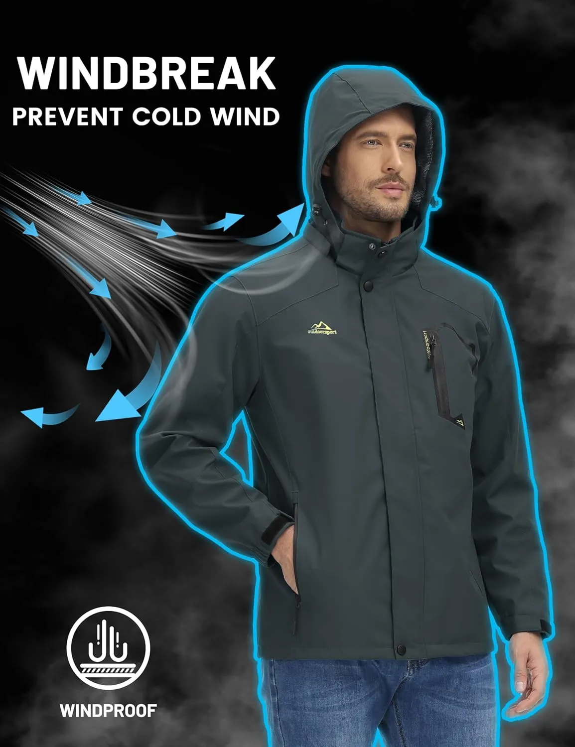 TACVASEN Men's Rain Jacket Lightweight Windbreaker with Hooded Water Resistant Outdoor Raincoat for Hiking Travel Camping