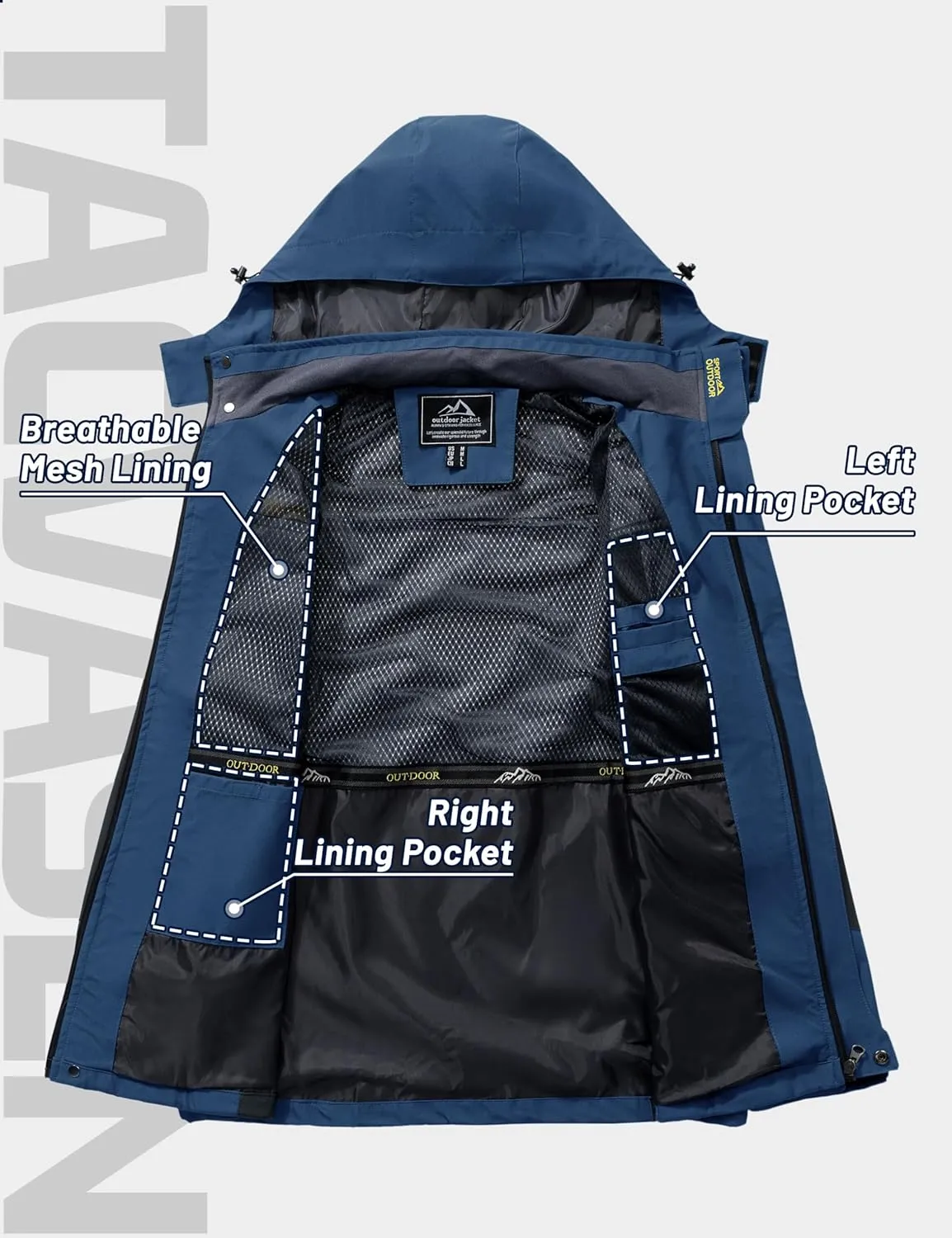 TACVASEN Mens Rain Jackets Water Resistant With Hood Windbreaker Lightweight Zip Jacket Climbing Fishing with Pockets