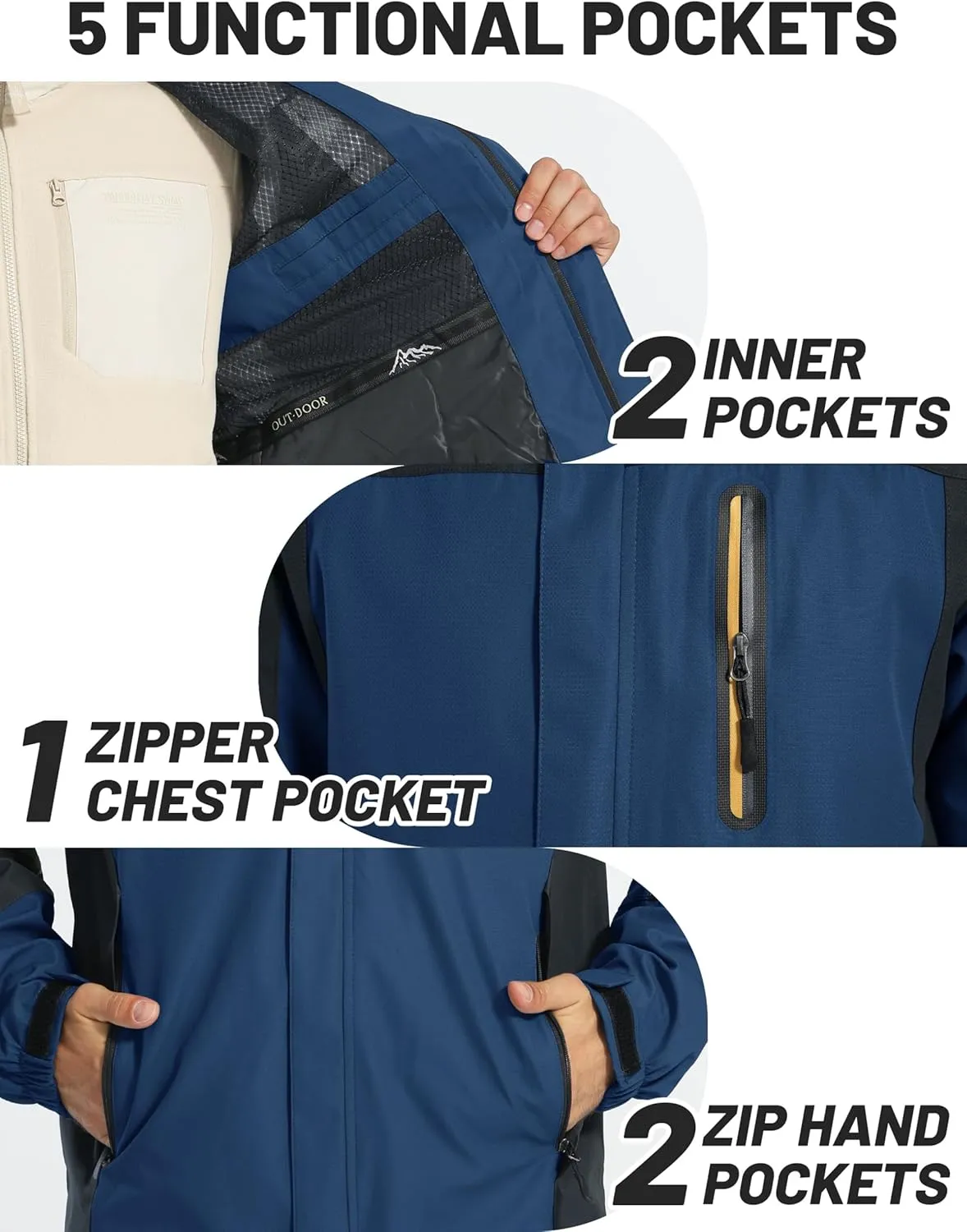TACVASEN Mens Rain Jackets Water Resistant With Hood Windbreaker Lightweight Zip Jacket Climbing Fishing with Pockets