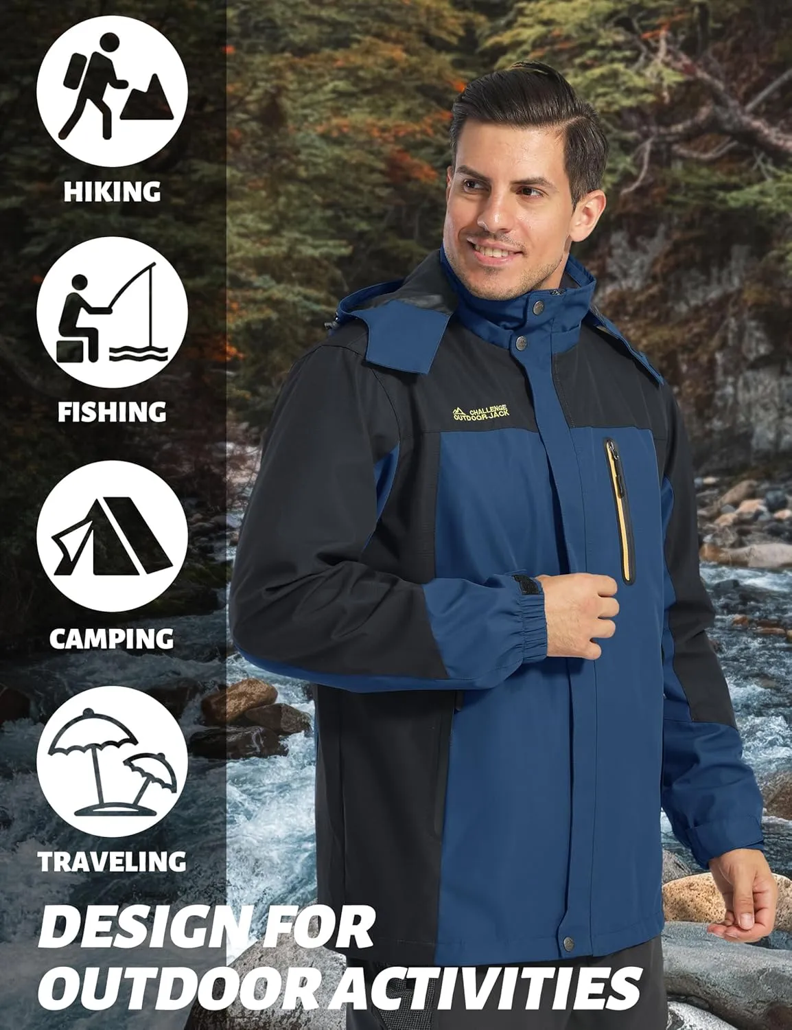 TACVASEN Mens Rain Jackets Water Resistant With Hood Windbreaker Lightweight Zip Jacket Climbing Fishing with Pockets