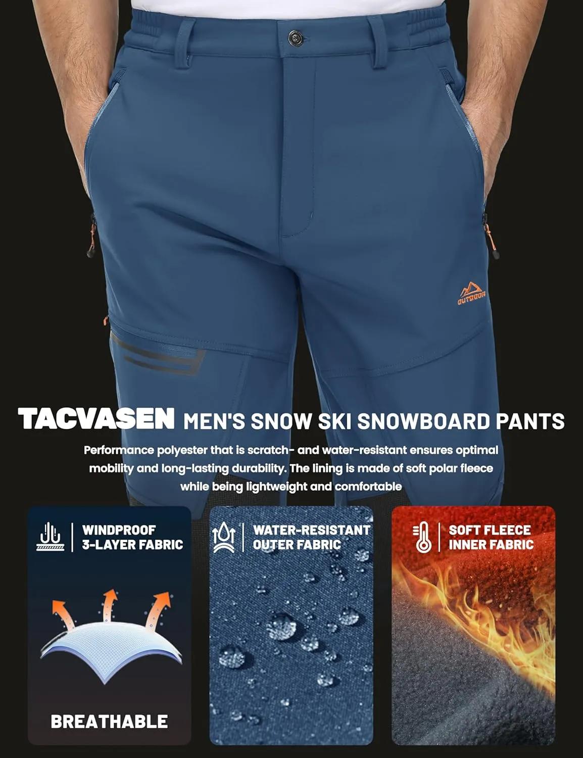 TACVASEN Men's Snow Ski Pants Windproof Snowboard Pants for Men Water Resistant Hiking Pants Fleece Lined Winter Working