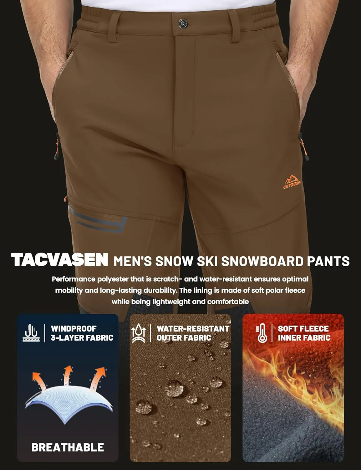 TACVASEN Men's Snow Ski Pants Windproof Snowboard Pants for Men Water Resistant Hiking Pants Fleece Lined Winter Working