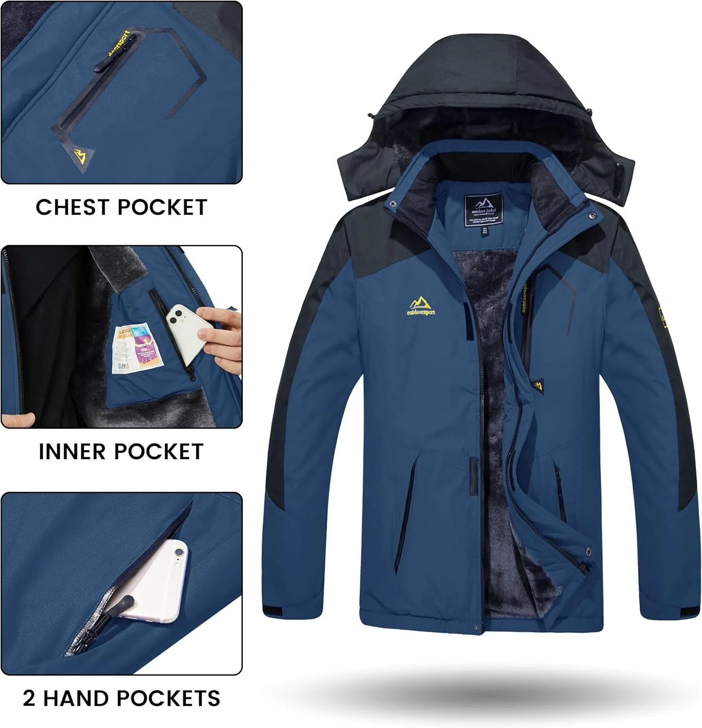 TACVASEN Men's Winter Skiing Jackets Water Resistant Fleece Coats Insulated Thermal Snowboard Jacket Parka Raincoat with Hood