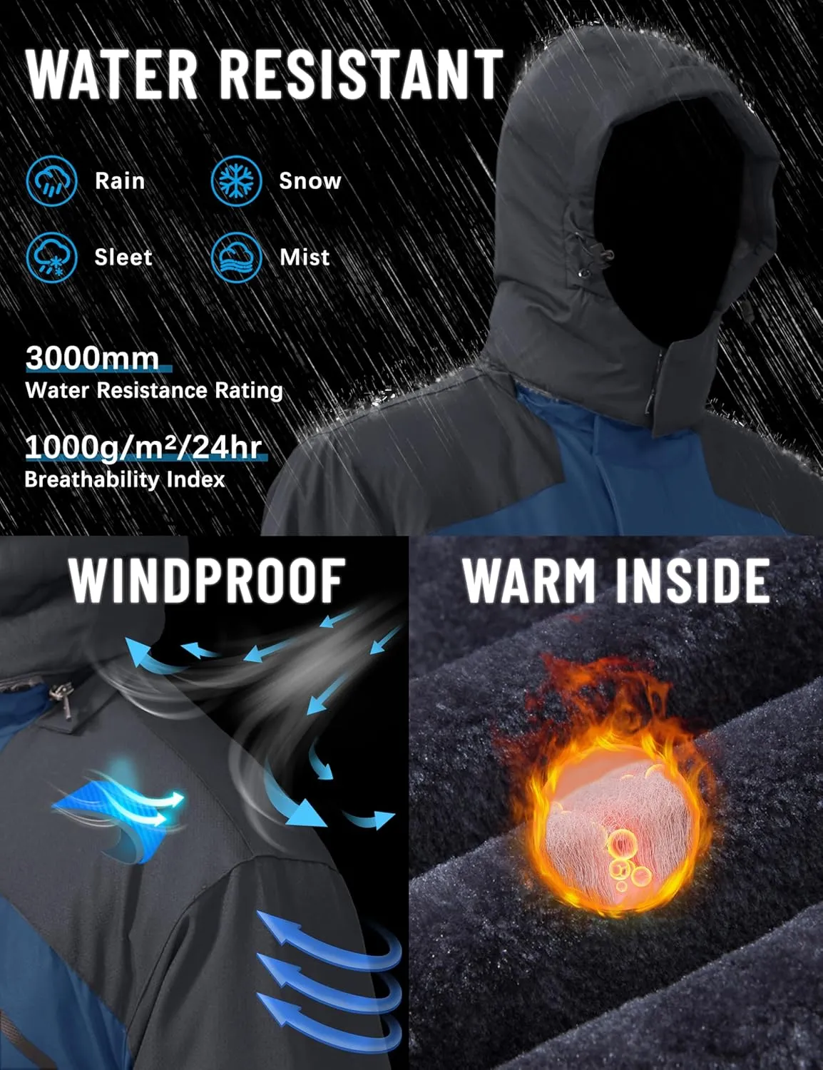 TACVASEN Men's Winter Skiing Jackets Water Resistant Fleece Coats Insulated Thermal Snowboard Jacket Parka Raincoat with Hood