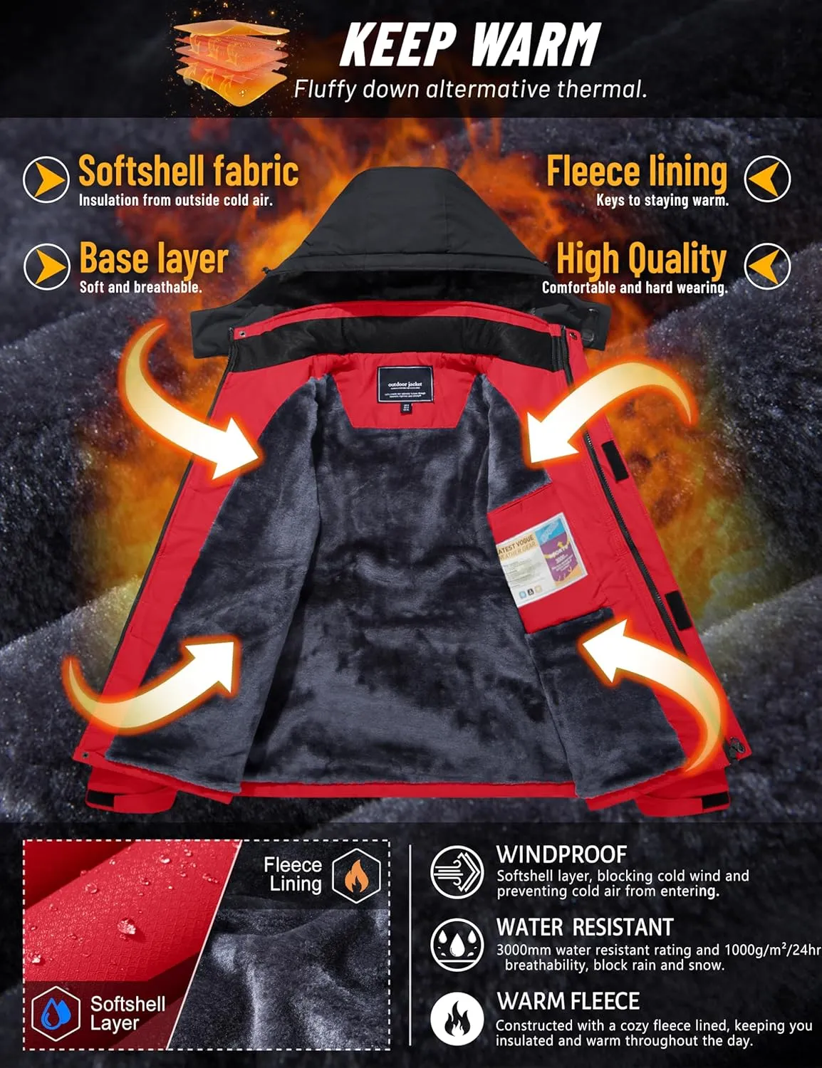 TACVASEN Winter Jacket Men's Water-Resistant Fleece Jacket Snow Ski Jacket Military Tactical Jacket Coat Parka Hood Raincoat
