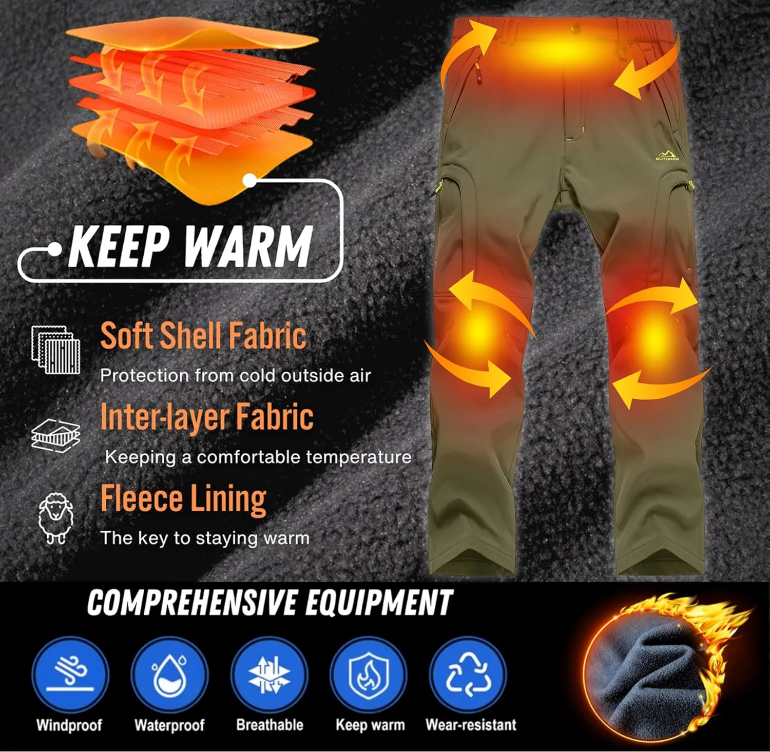 TACVASEN Winter Pants for Men Fleece Lined Waterproof Pants Insulated Hiking Pant for Ski Snowboard Outdoor Work Hunting