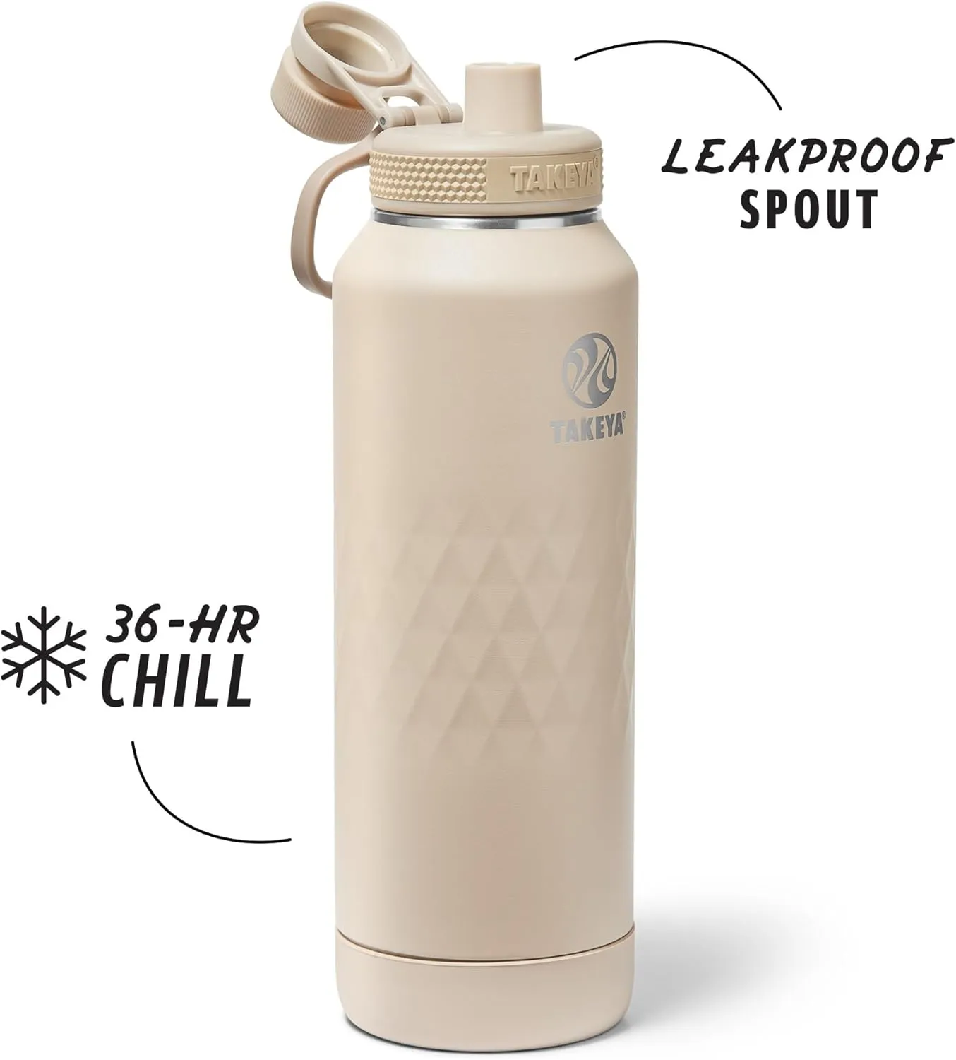 Takeya Sport 40 oz Triple-Insulated Stainless Steel Water Bottle, Spout Lid – Leakproof, Sweatproof, BPA-Free, Keeps Drinks Cold 36 Hrs, Hot 14 Hrs – Almond
