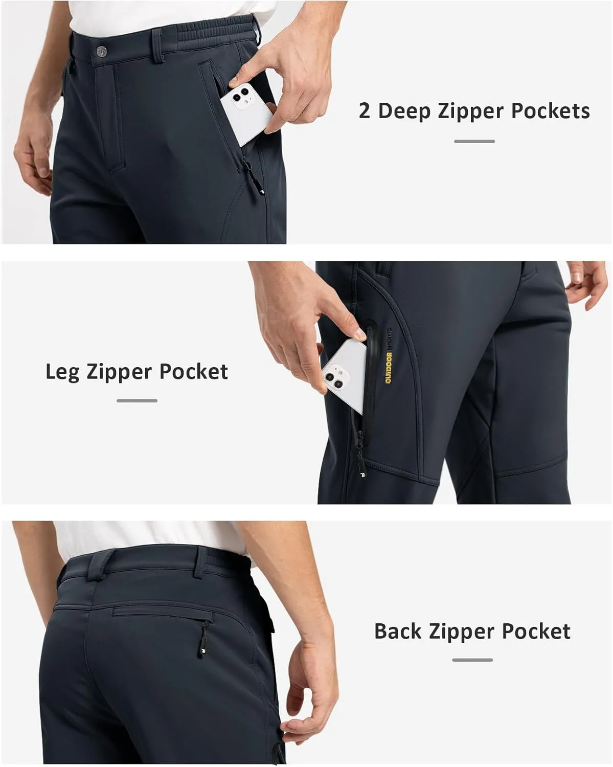 TBMPOY Men's Snow Pants Fleece Lined Hiking Winter Waterproof Softshell Ski Outdoor Insulated Climbing Pants Zipper Pockets