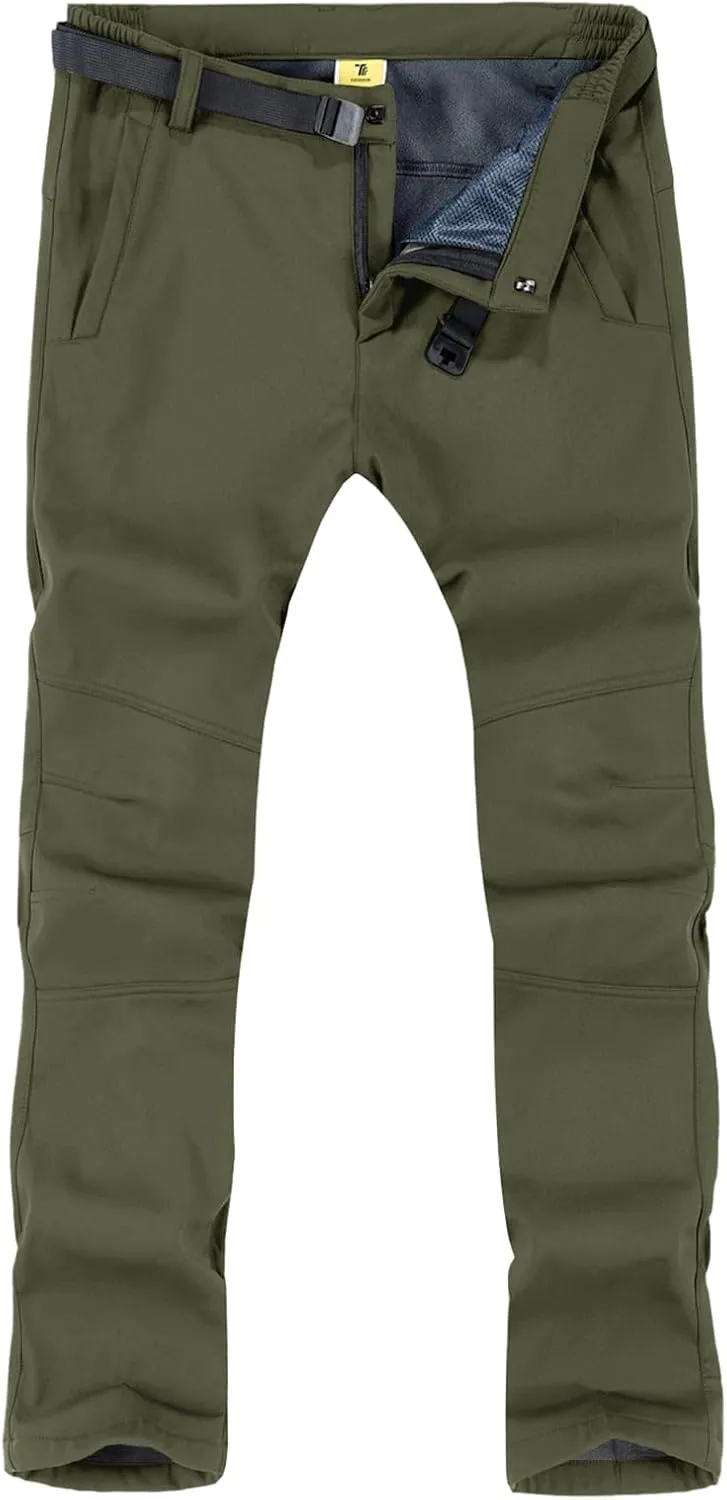 TBMPOY Men's Snow Ski Hiking Pants Waterproof Winter Fleece Lined Pants Camping Skiing Ice Fishing Pants with Belt