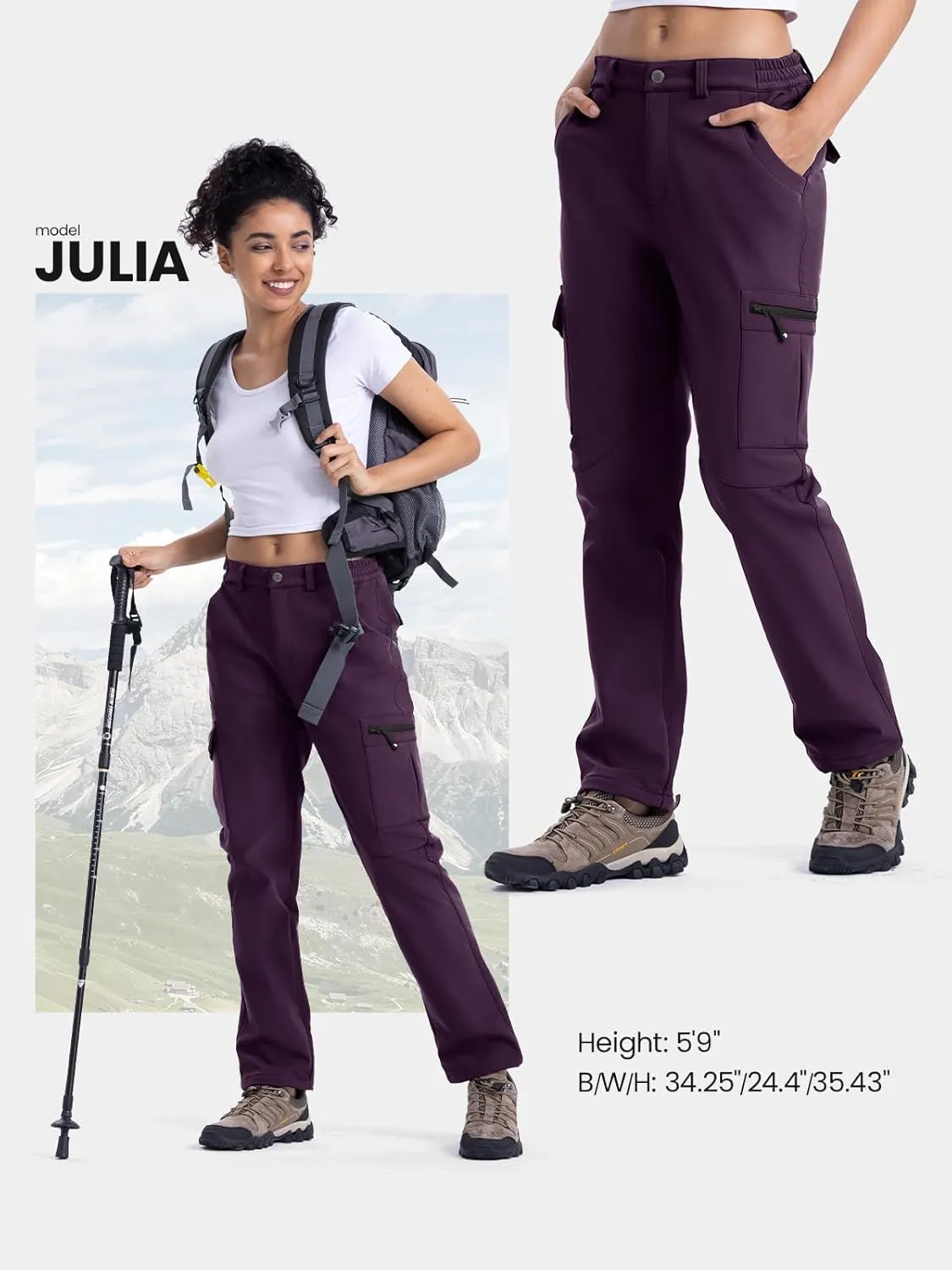 TBMPOY Women's Hiking Cargo Pants Outdoor Waterproof Windproof Softshell Fleece Snow Pants