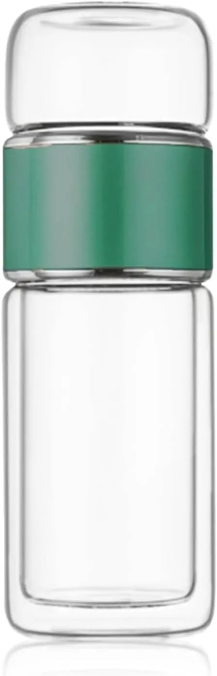 Tea InfuserBottle, 420ml/14oz Double Layer Stainless Steel Leakage Proof Glass Water Bottle Travel Water Separation Tea Bottle Mug Cup for Office Travel Home Tea Cup Glass Tumbler (green)