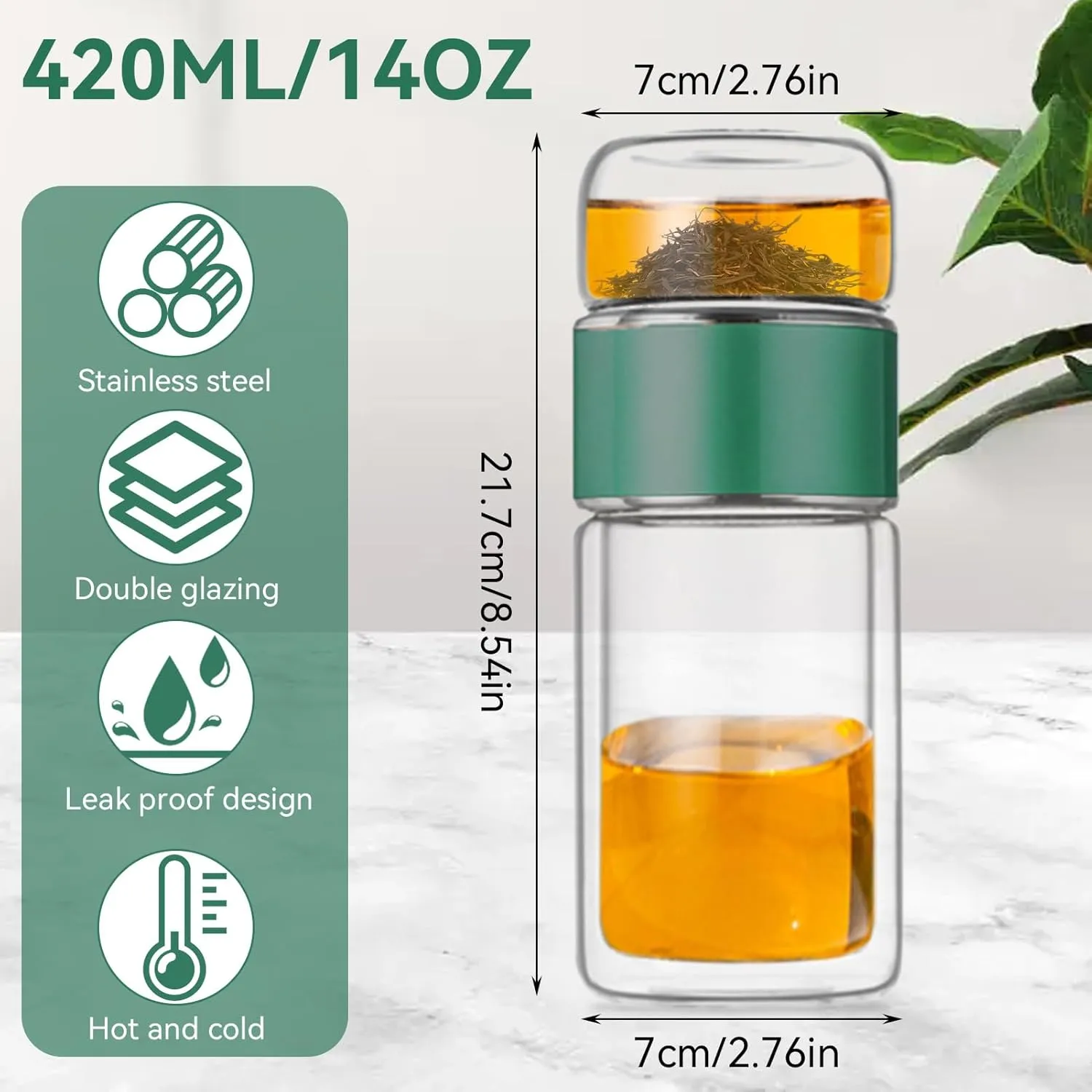 Tea InfuserBottle, 420ml/14oz Double Layer Stainless Steel Leakage Proof Glass Water Bottle Travel Water Separation Tea Bottle Mug Cup for Office Travel Home Tea Cup Glass Tumbler (green)