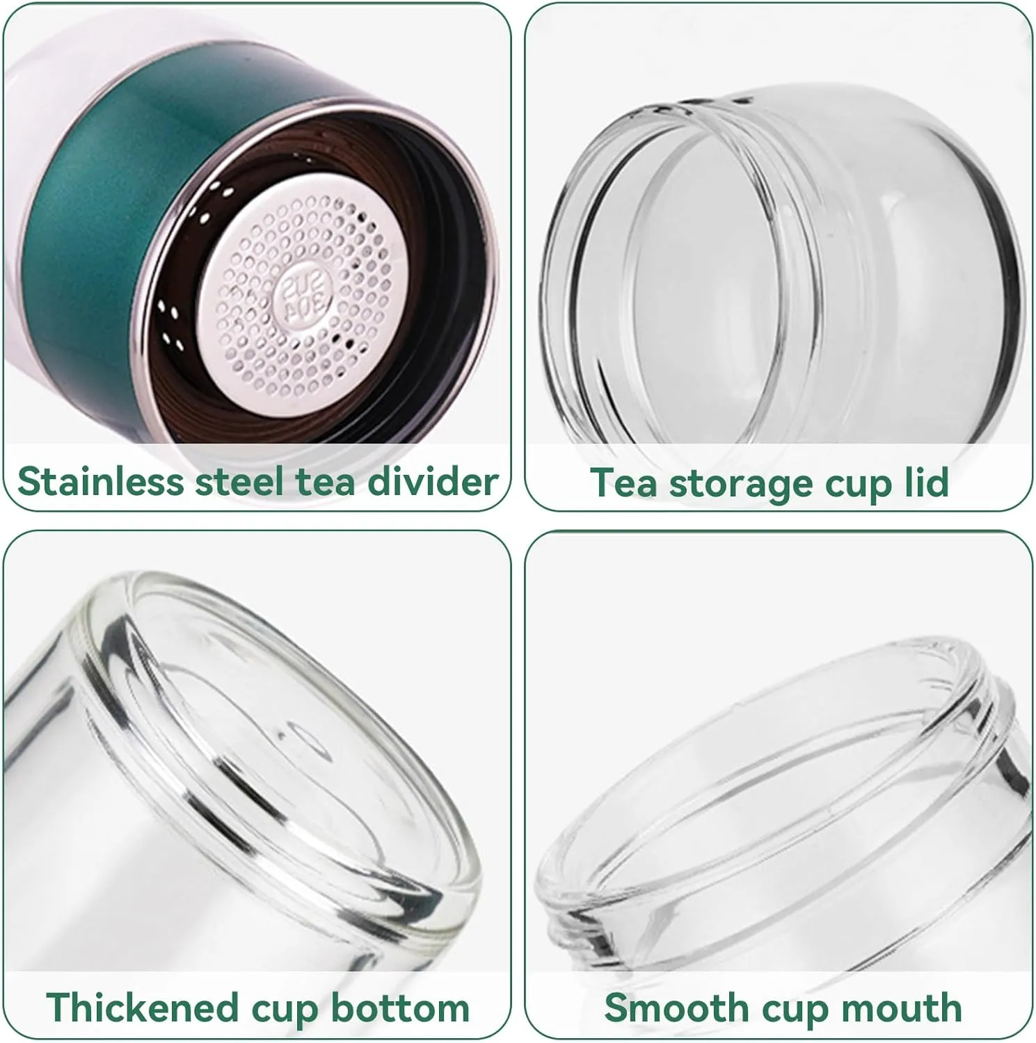 Tea InfuserBottle, 420ml/14oz Double Layer Stainless Steel Leakage Proof Glass Water Bottle Travel Water Separation Tea Bottle Mug Cup for Office Travel Home Tea Cup Glass Tumbler (green)