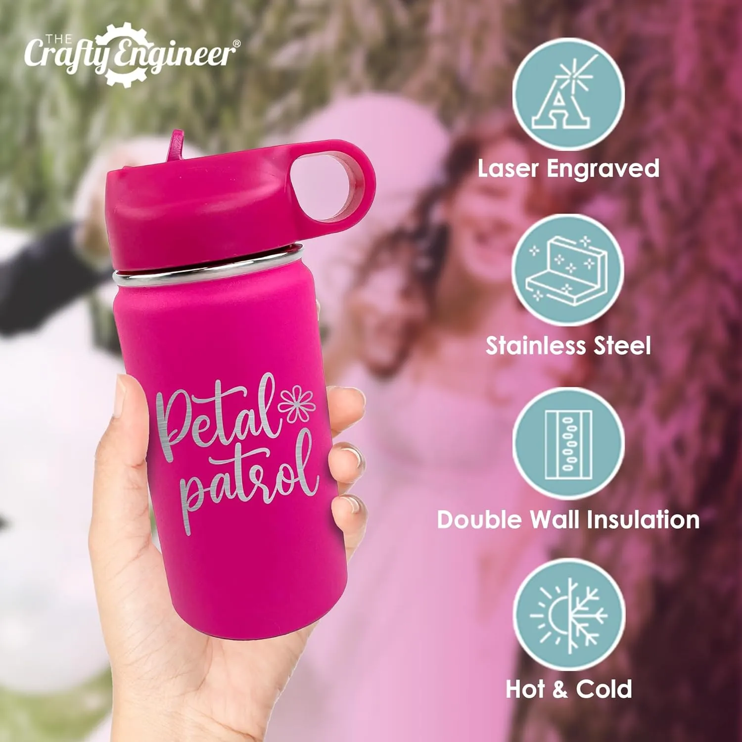 The Crafty Engineer 12 oz Insulated Kids Water Bottle - Green (Flower Theme)