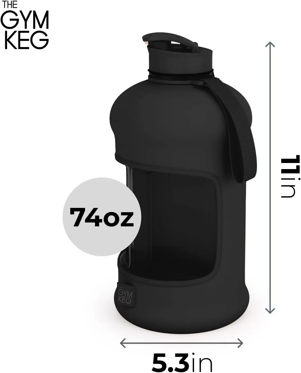 THE GYM KEG 74oz Gym Water Bottle - Large Reusable Sport Jug with Insulated Sleeve & Easy to Carry Handle - Tritan BPA-Free Plastic, Pop-Cap, & Leakproof Design Drinking Container - Stealth Black