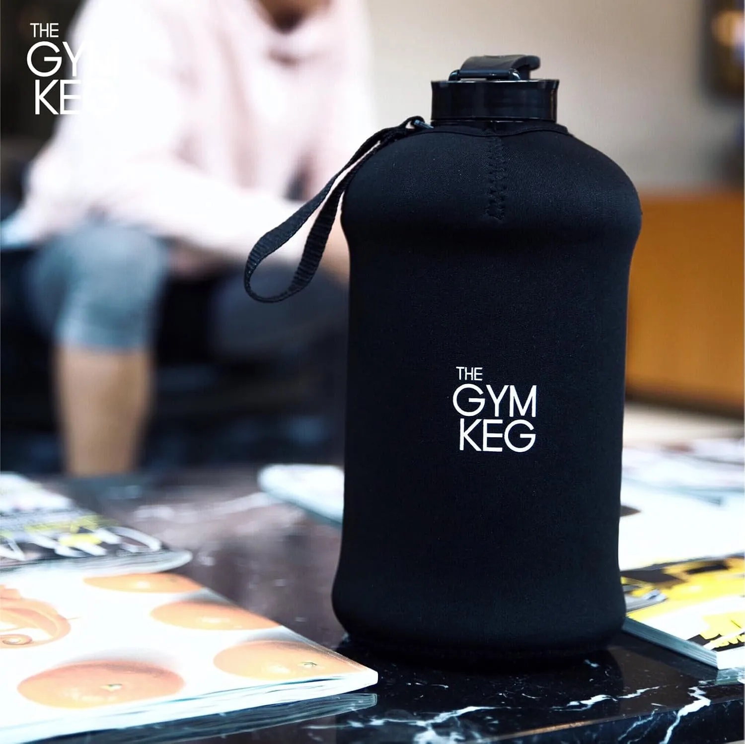 THE GYM KEG 74oz Gym Water Bottle - Large Reusable Sport Jug with Insulated Sleeve & Easy to Carry Handle - Tritan BPA-Free Plastic, Pop-Cap, & Leakproof Design Drinking Container - Stealth Black