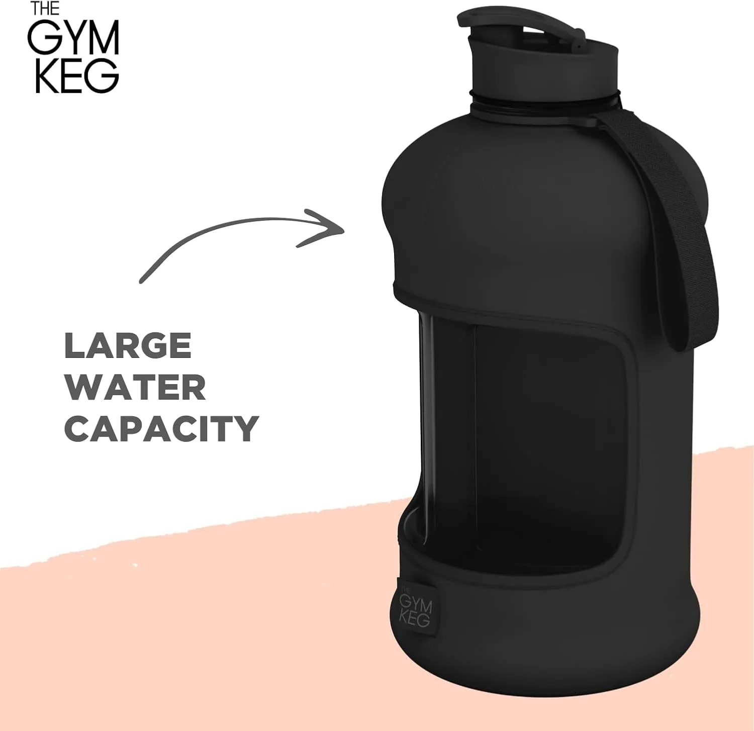THE GYM KEG 74oz Gym Water Bottle - Large Reusable Sport Jug with Insulated Sleeve & Easy to Carry Handle - Tritan BPA-Free Plastic, Pop-Cap, & Leakproof Design Drinking Container - Stealth Black