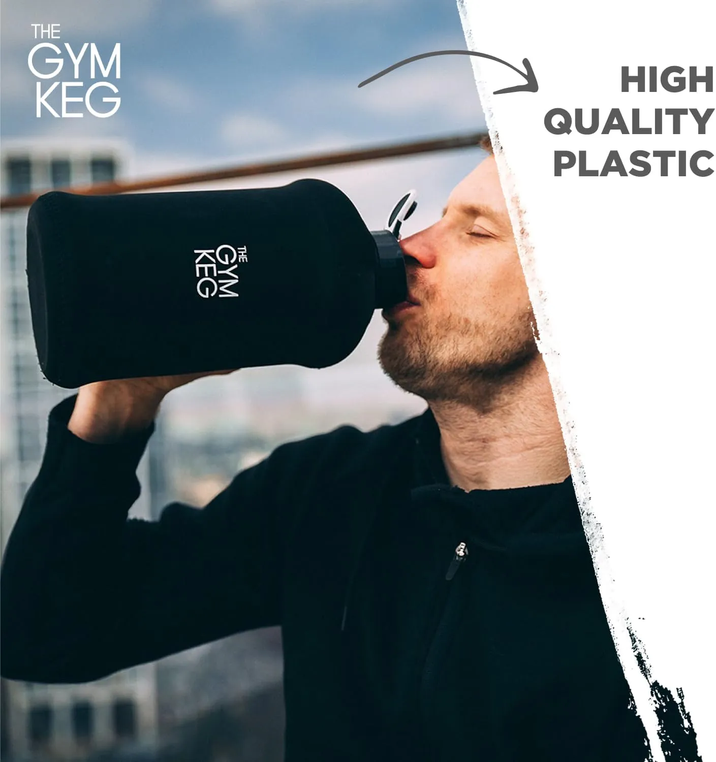 THE GYM KEG 74oz Gym Water Bottle - Large Reusable Sport Jug with Insulated Sleeve & Easy to Carry Handle - Tritan BPA-Free Plastic, Pop-Cap, & Leakproof Design Drinking Container - Stealth Black