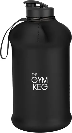 THE GYM KEG 74oz Gym Water Bottle - Large Reusable Sport Jug with Insulated Sleeve & Easy to Carry Handle - Tritan BPA-Free Plastic, Pop-Cap, & Leakproof Design Drinking Container - Stealth Black