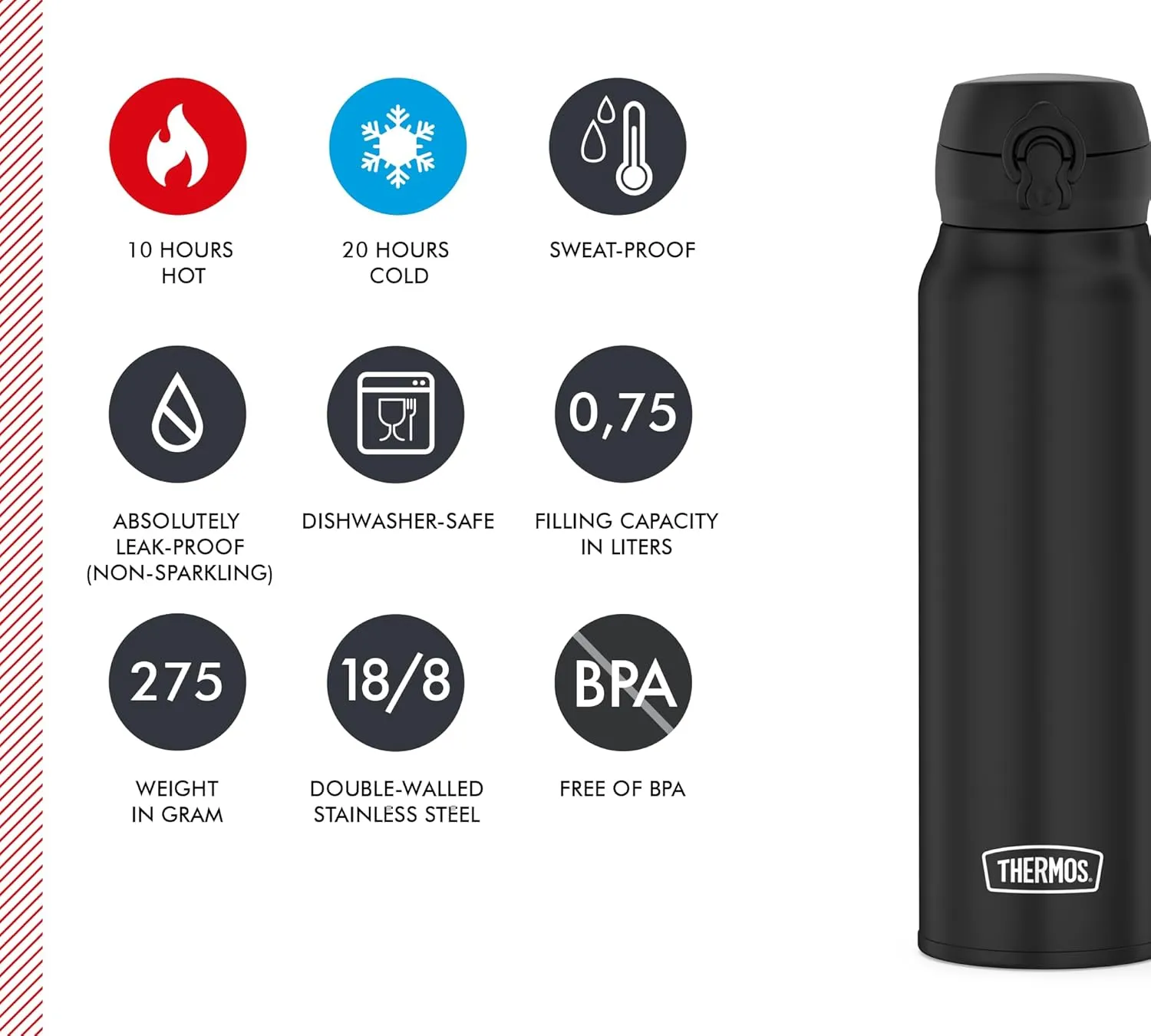 THERMOS 4035.232.075 Ultralight Thermos Flask, Black, 750 ml, Extremely Lightweight, 275 g, Drinking Bottle, Dishwasher Safe, Thermos Flask Keeps Hot for 10 Hours, Cold for 20 Hours, BPA-Free