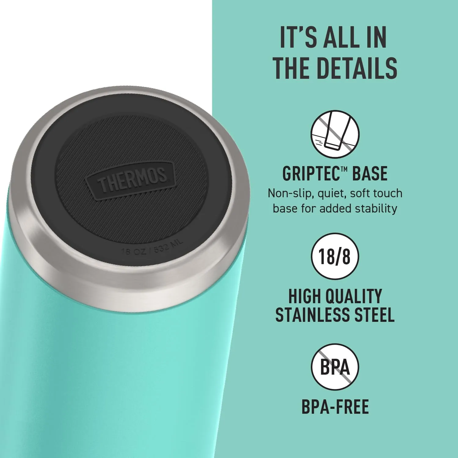 THERMOS ICON SERIES, Insulated Water Bottle with Straw Lid - 18 Ounce, Seafoam - Stainless Steel Vacuum Insulated Water Bottle with Straw Lid