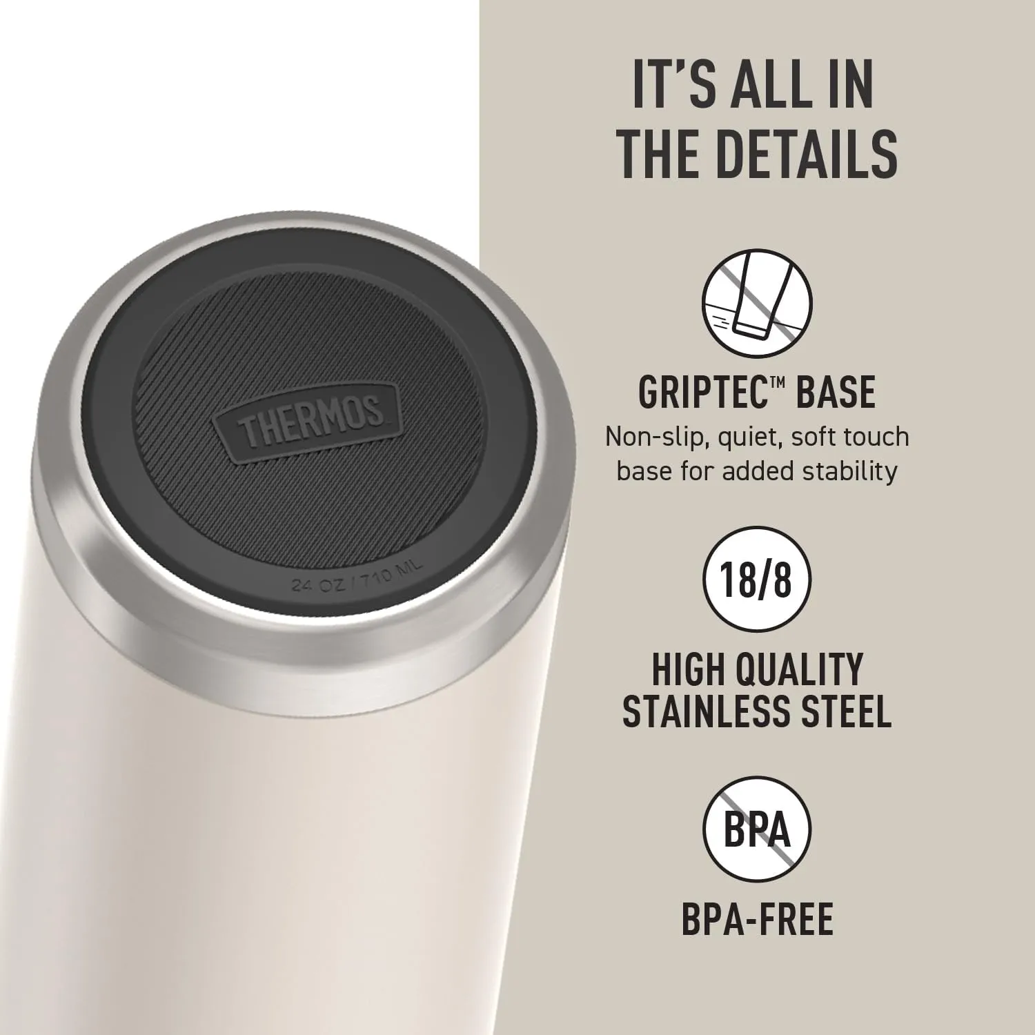 THERMOS ICON SERIES Stainless Steel Water Bottle with Spout - 24 Ounce, Sandstone - Vacuum Insulated Water Bottle with Lid