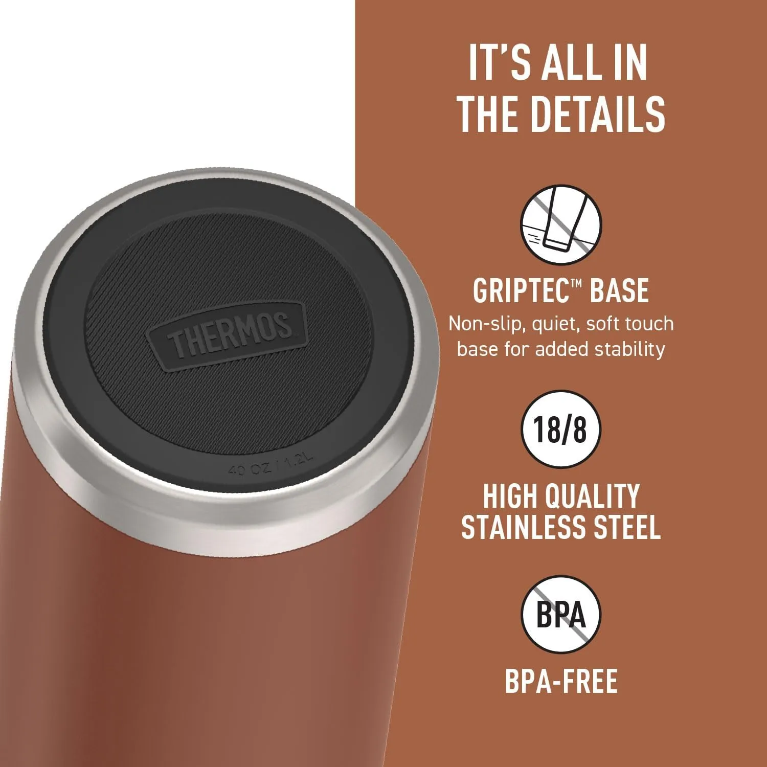 THERMOS ICON SERIES Water Bottle with Screw Top Lid - 40 Ounce, Saddle - Stainless Steel Vacuum Insulated Water Bottle with Lid