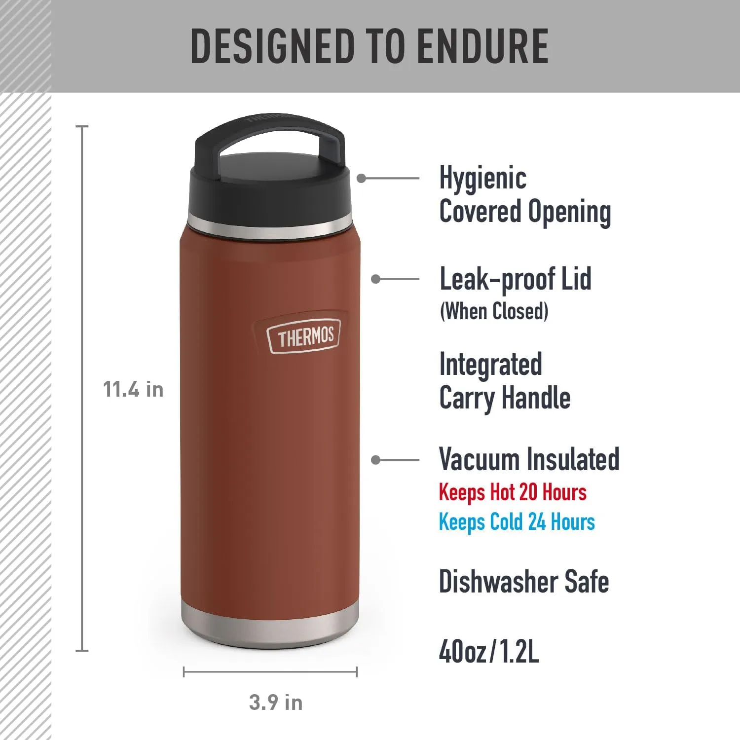 THERMOS ICON SERIES Water Bottle with Screw Top Lid - 40 Ounce, Saddle - Stainless Steel Vacuum Insulated Water Bottle with Lid