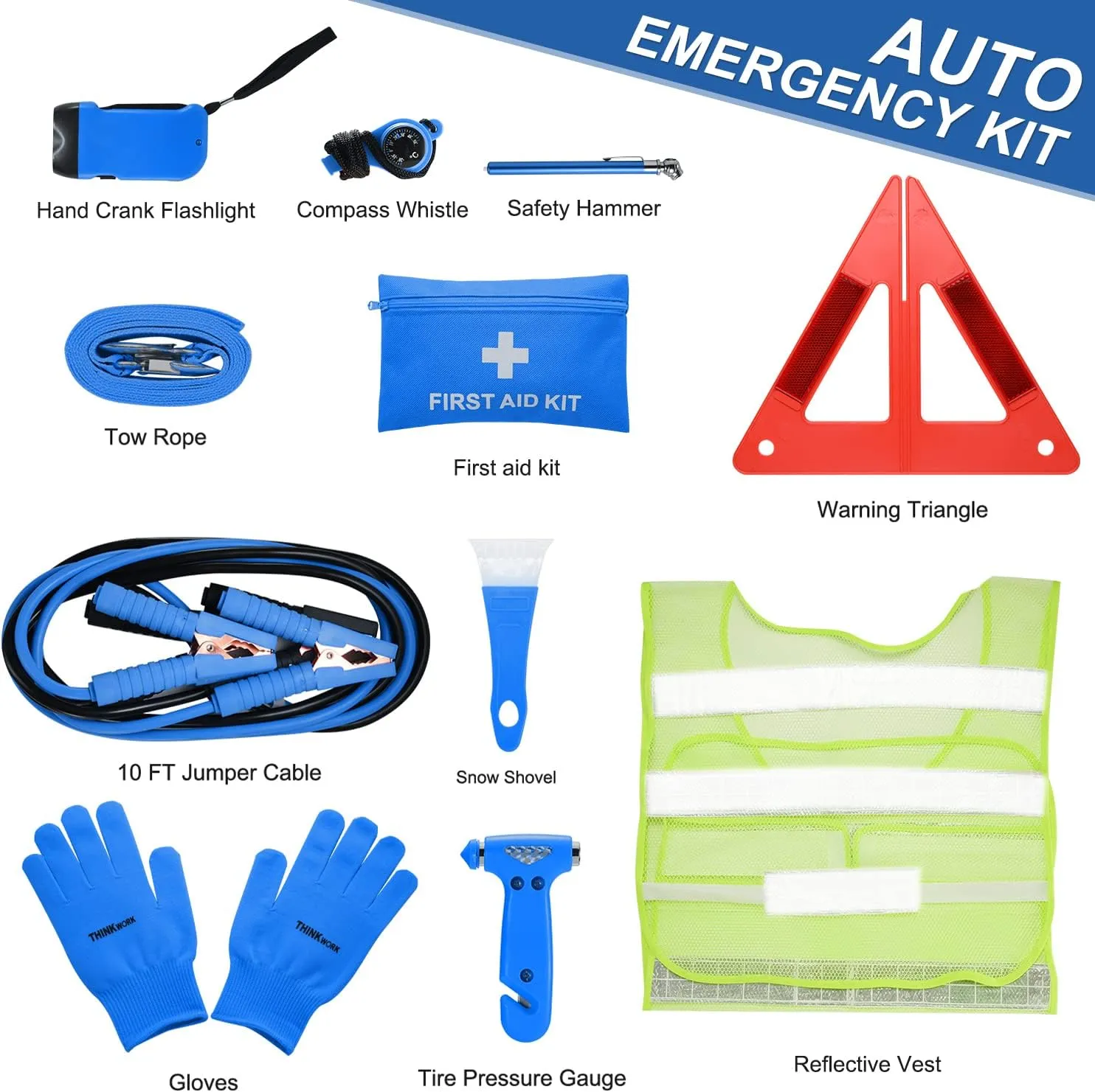 THINKWORK Car Emergency Kit for Teen Boy and Men's Gifts, Blue Emergency Roadside Assistance kit with 10FT Jumper, First Aid Kit, Safety Hammer, Tow Rope, and More Ideal Blue Car Accessories Tool